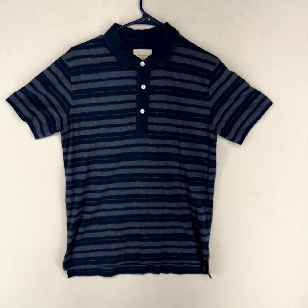 Billy Reid Polo Shirt Medium Navy Blue Gray Striped Cotton Blend Short Sleeve